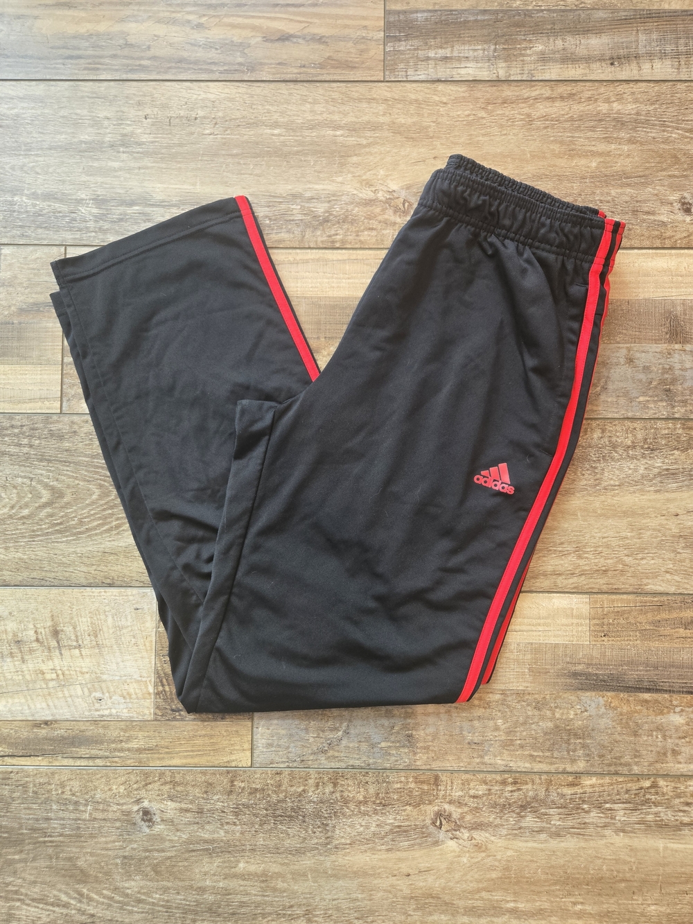 Adidas Men's Large Black Red 3-Stripe Track Pants Open Hem Drawstring Large